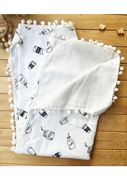 Milk Desenli Çift Katlı Müslin ve Waffle Kumaş Alt Açma , Yastık ve Battaniye 3’lü Set 40×70 Tek Ebat