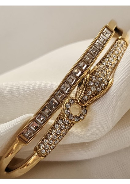 Yılan Kelepçe Bileklik 14K Gold Zirkon Taşlı