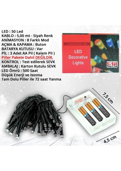 Pilli ve Animasyonlu 50 LED Mavi Işık Şeridi, 5 Metre Uzunluk, Beyaz Renk. fiyatları