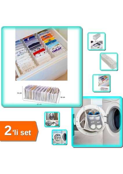 11 Gözlü Akordiyon Çekmece Düzenleyici + Ayakkabı Yıkama Filesi Kapak Bağlamalı - 2li Set G0X5S1