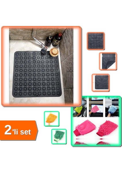 Kare Vantuzlu Tırtıklı Banyo Kaydırmaz Paspası + Mikrofiber Araç Oto Yıkama Eldiveni - 2li Set B3Q1P
