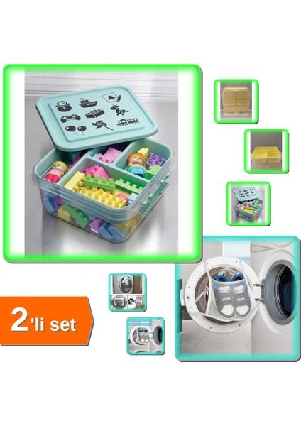 Bölmeli Oyuncak Hobi Saklama Kutusu + Ayakkabı Yıkama Filesi Kapak Bağlamalı - 2li Set F7K8P8