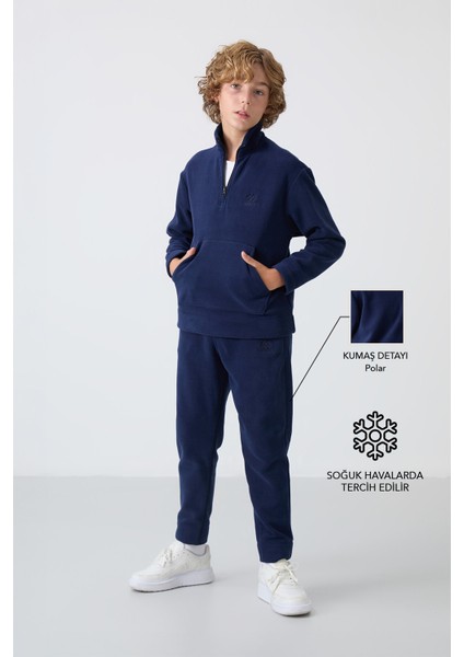 Lacivert Kalın Yumuşak Dokulu Standart Fit Nakışlı Polar Erkek Çocuk Eşofman Takım - 11218
