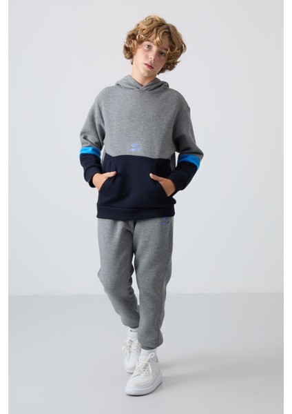 Gri Melanj Pamuklu Kalın İçi Tüylü Standart Fit Nakışlı Erkek Çocuk Eşofman Takım - 11255