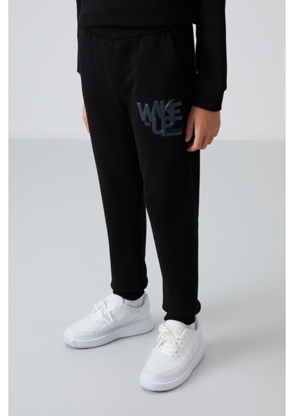 Siyah Pamuklu Kalın İçi Tüylü Yumuşak Dokulu Standart Fit Baskılı Erkek Çocuk Eşofman Takım - 11253