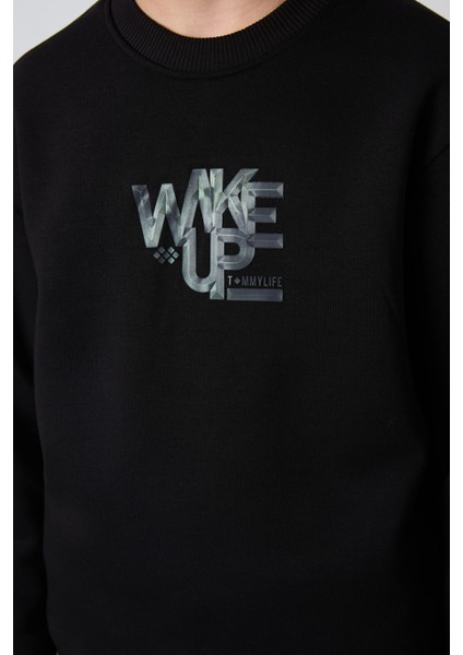 Siyah Pamuklu Kalın İçi Tüylü Yumuşak Dokulu Standart Fit Baskılı Erkek Çocuk Eşofman Takım - 11253