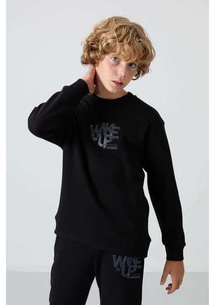 Siyah Pamuklu Kalın İçi Tüylü Yumuşak Dokulu Standart Fit Baskılı Erkek Çocuk Eşofman Takım - 11253