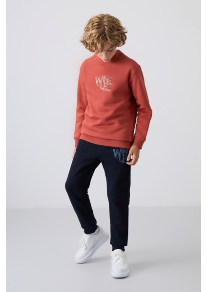 Kiremit-Lacivert Pamuklu Kalın İçi Tüylü Standart Fit Baskılı Erkek Çocuk Eşofman Takım - 11253