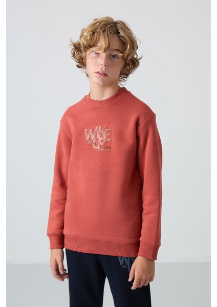 Kiremit-Lacivert Pamuklu Kalın İçi Tüylü Standart Fit Baskılı Erkek Çocuk Eşofman Takım - 11253