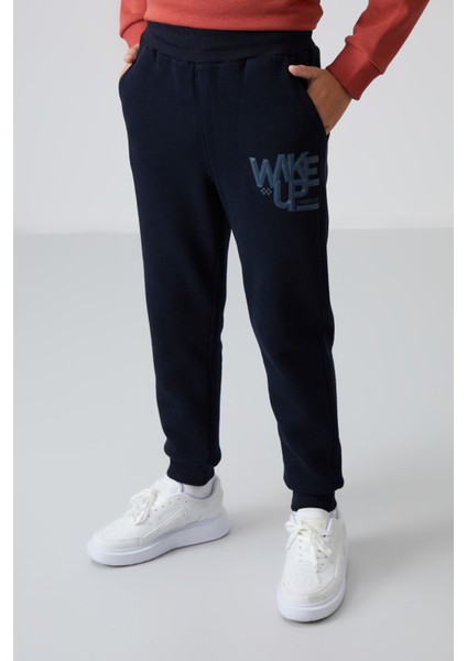 Kiremit-Lacivert Pamuklu Kalın İçi Tüylü Standart Fit Baskılı Erkek Çocuk Eşofman Takım - 11253