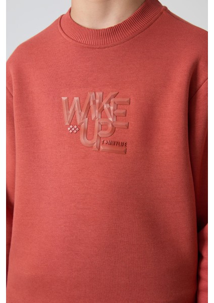 Kiremit-Lacivert Pamuklu Kalın İçi Tüylü Standart Fit Baskılı Erkek Çocuk Eşofman Takım - 11253