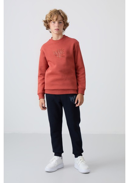 Kiremit-Lacivert Pamuklu Kalın İçi Tüylü Standart Fit Baskılı Erkek Çocuk Eşofman Takım - 11253