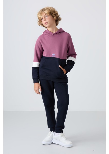 Soft Vişne-Lacivert Pamuklu Kalın İçi Tüylü Standart Fit Nakışlı Erkek Çocuk Eşofman Takım - 11255