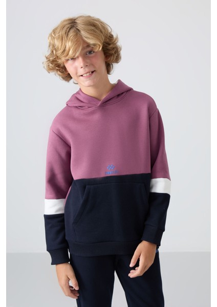 Soft Vişne-Lacivert Pamuklu Kalın İçi Tüylü Standart Fit Nakışlı Erkek Çocuk Eşofman Takım - 11255