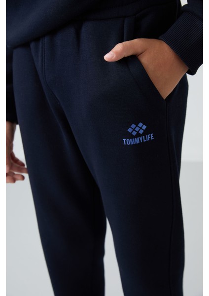 Soft Vişne-Lacivert Pamuklu Kalın İçi Tüylü Standart Fit Nakışlı Erkek Çocuk Eşofman Takım - 11255