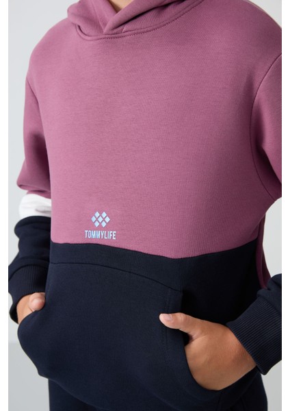 Soft Vişne-Lacivert Pamuklu Kalın İçi Tüylü Standart Fit Nakışlı Erkek Çocuk Eşofman Takım - 11255