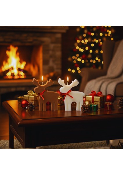 El Yapımı Geyik Figürlü Mum – Kahverengi & Beyaz (7.5 × 9.5 Cm)