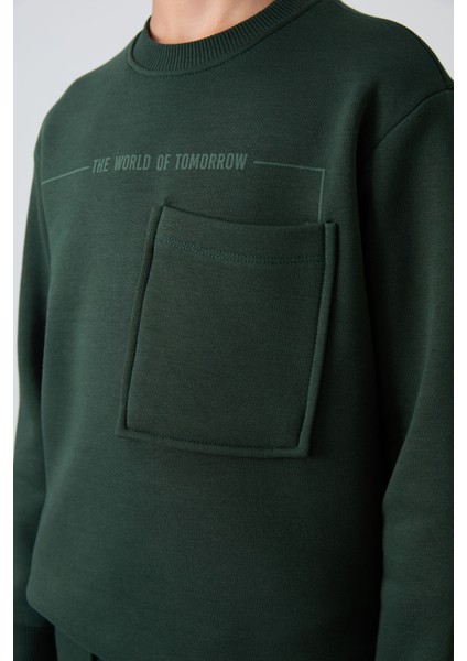 Çam Yeşil Pamuklu Kalın İçi Tüylü Standart Fit Baskılı Erkek Çocuk Eşofman Takım - 11257