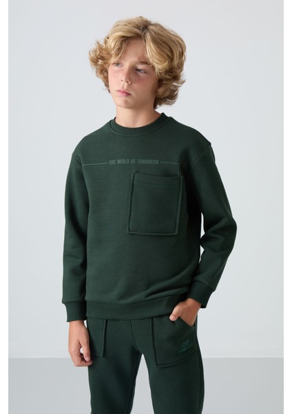 Çam Yeşil Pamuklu Kalın İçi Tüylü Standart Fit Baskılı Erkek Çocuk Eşofman Takım - 11257