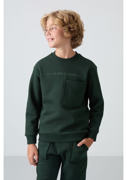 Çam Yeşil Pamuklu Kalın İçi Tüylü Standart Fit Baskılı Erkek Çocuk Eşofman Takım - 11257