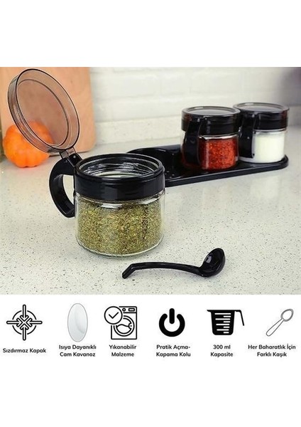 ® Siyah 3lü Standlı Kapaklı Kaşıklı Cam Hava Sızdırmaz Baharatlık Takımı KC-386 modelleri