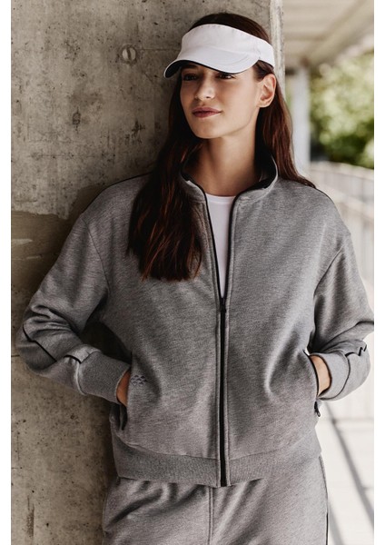 Gri Melanj Kompakt Pamuklu Kalın Pürüzsüz Dokulu Dik Yaka Oversize Fit Kadın Eşofman Takım - 95340