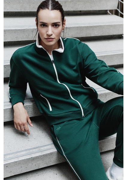 Çam Yeşili Kompakt Pamuklu Kalın Pürüzsüz Dokulu Dik Yaka Oversize Fit Kadın Eşofman Takım - 95340