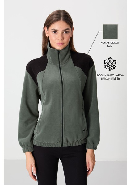 Haki Kalın Yumuşak Dokulu Dik Yaka Oversize Nakışlı Polar Kadın Sweatshirt - 97293