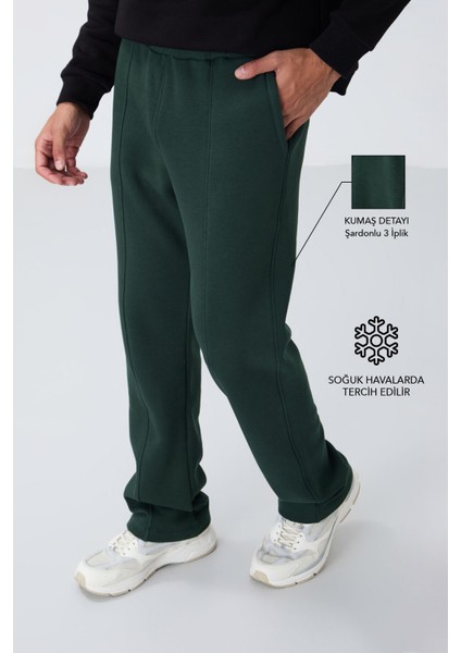 Çam Yeşil Pamuklu Kalın İçi Tüylü Yumuşak Dokulu Oversize Nakışlı Erkek Eşofman Altı -82146