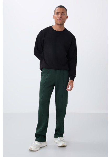 Çam Yeşil Pamuklu Kalın İçi Tüylü Yumuşak Dokulu Oversize Nakışlı Erkek Eşofman Altı -82146