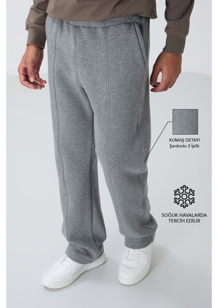 Gri Melanj Pamuklu Kalın İçi Tüylü Yumuşak Dokulu Oversize Nakışlı Erkek Eşofman Altı -82146