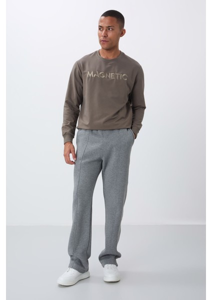 Gri Melanj Pamuklu Kalın İçi Tüylü Yumuşak Dokulu Oversize Nakışlı Erkek Eşofman Altı -82146