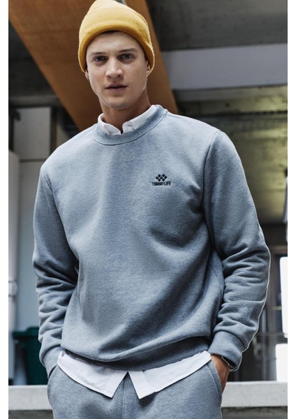 Gri Melanj Pamuklu Kalın İçi Tüylü Yumuşak Dokulu Comfort Fit Nakışlı Erkek Eşofman Takım -85265