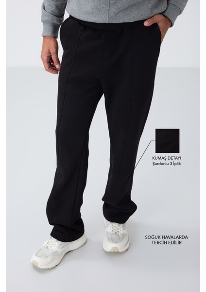 Siyah Pamuklu Kalın İçi Tüylü Yumuşak Dokulu Oversize Nakışlı Erkek Eşofman Altı -82146