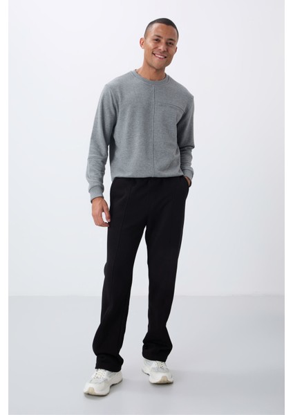 Siyah Pamuklu Kalın İçi Tüylü Yumuşak Dokulu Oversize Nakışlı Erkek Eşofman Altı -82146