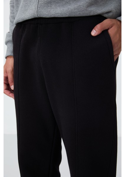 Siyah Pamuklu Kalın İçi Tüylü Yumuşak Dokulu Oversize Nakışlı Erkek Eşofman Altı -82146