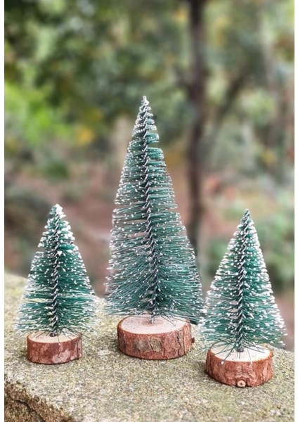 3'lü Mini Çam Ağacı Seti, Kar Yağmış, Yılbaşı Dekoru, Renkli, 8-15 cm