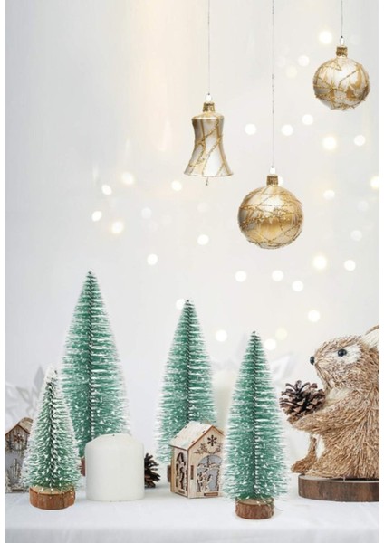 3'lü Mini Çam Ağacı Seti, Kar Yağmış, Yılbaşı Dekoru, Renkli, 8-15 cm modelleri