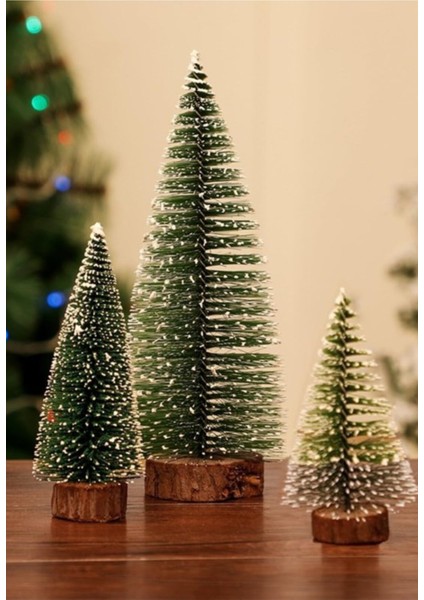 3'lü Mini Çam Ağacı Seti, Kar Yağmış, Yılbaşı Dekoru, Renkli, 8-15 cm