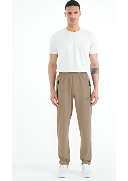 Bej Erkek Fermuarlı Üç Cepli Standart Kalıp Klasik Paça Eşofman Alt - 84768