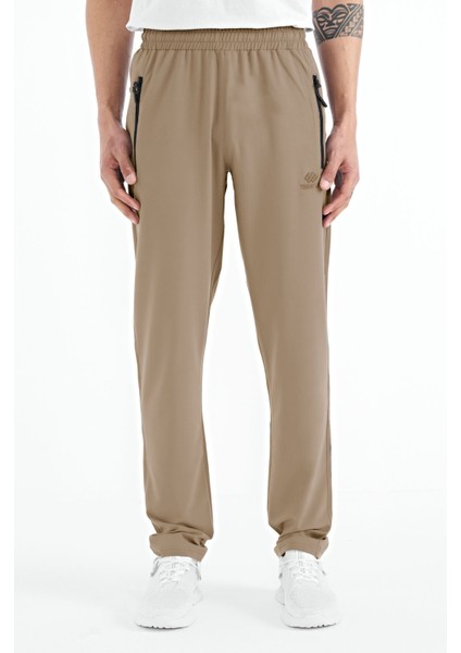 Bej Erkek Fermuarlı Üç Cepli Standart Kalıp Klasik Paça Eşofman Alt - 84768