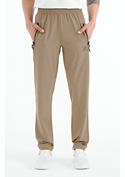 Bej Erkek Fermuarlı Üç Cepli Standart Kalıp Klasik Paça Eşofman Alt - 84768