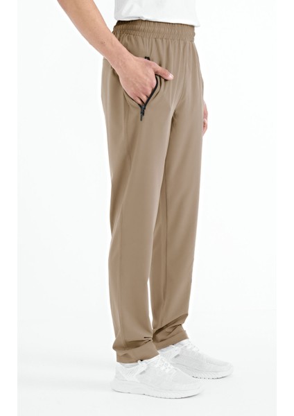 Bej Erkek Fermuarlı Üç Cepli Standart Kalıp Klasik Paça Eşofman Alt - 84768