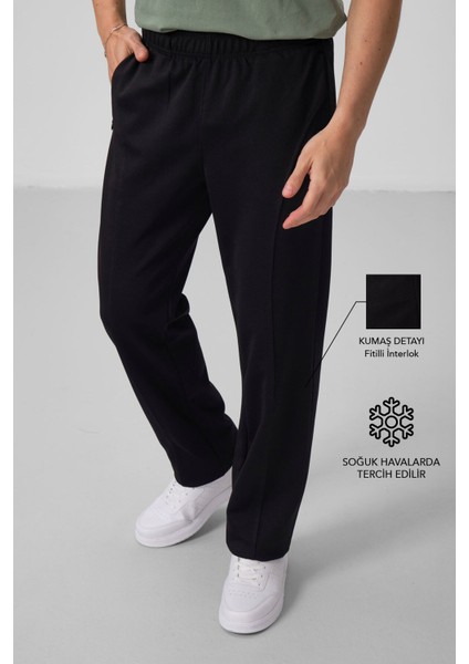 Siyah Yüzeyi Dokulu Standart Fit Palazzo Erkek Pantolon - 82171