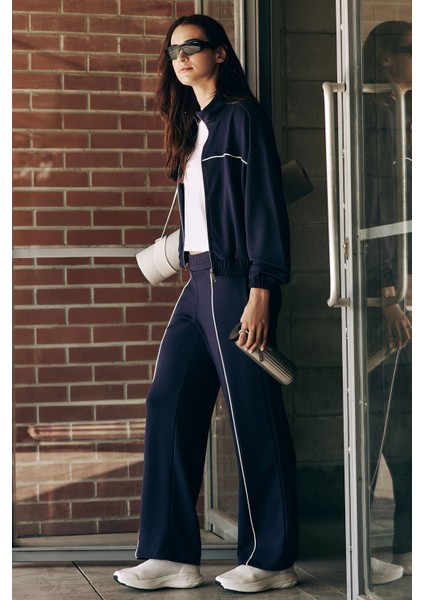 Koyu Mor Yumuşak Dokulu Dik Yaka Oversize Lastikli Kadın Eşofman Takım - 95349