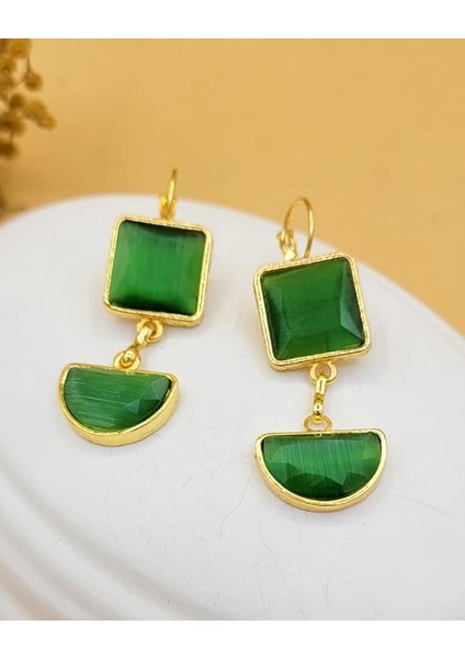 Zümrüt Yeşili Kedi Gözü Sıvama Altın Kaplama Iki Geometrik Şekilli Küpe