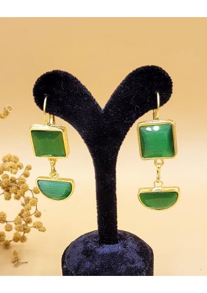 Zümrüt Yeşili Kedi Gözü Sıvama Altın Kaplama Iki Geometrik Şekilli Küpe fırsatları