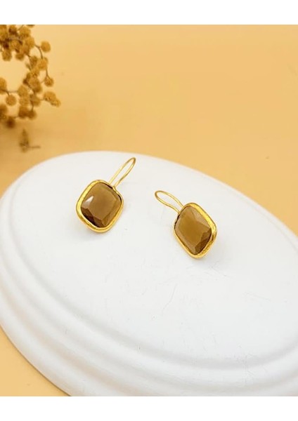 Karamel Kedi Gözü Sıvama Altın Kaplama Dörtgen Küpe modelleri