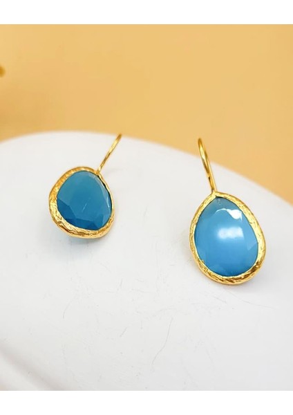 Mavi Kedi Gözü Sıvama Altın Kaplama Oval Küpe