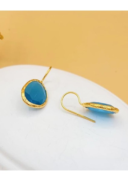 Mavi Kedi Gözü Sıvama Altın Kaplama Oval Küpe modelleri